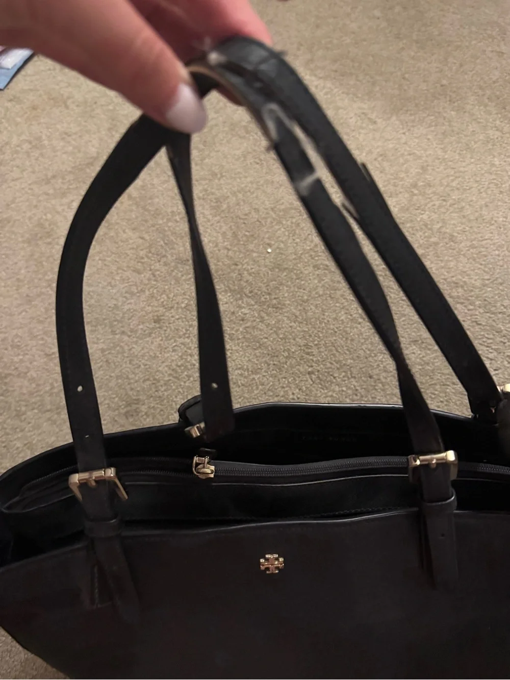 Tory Burch Black Sathiano Leather Tote with Gold Accents